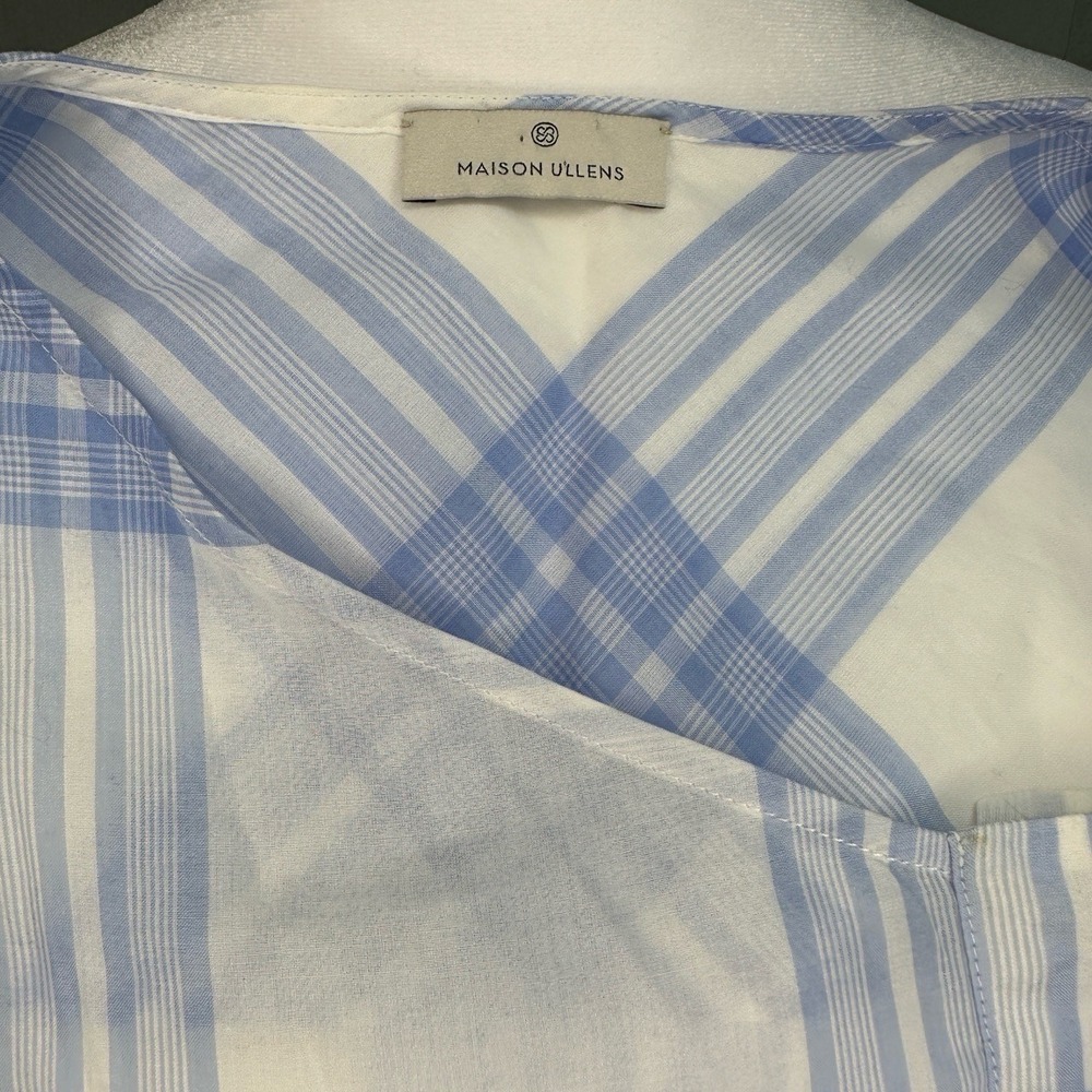 Maison Ullens Blue White Plaid Cotton Short Sleeve Top Women's FR 42 Sheer Italy - Picture 5 of 7